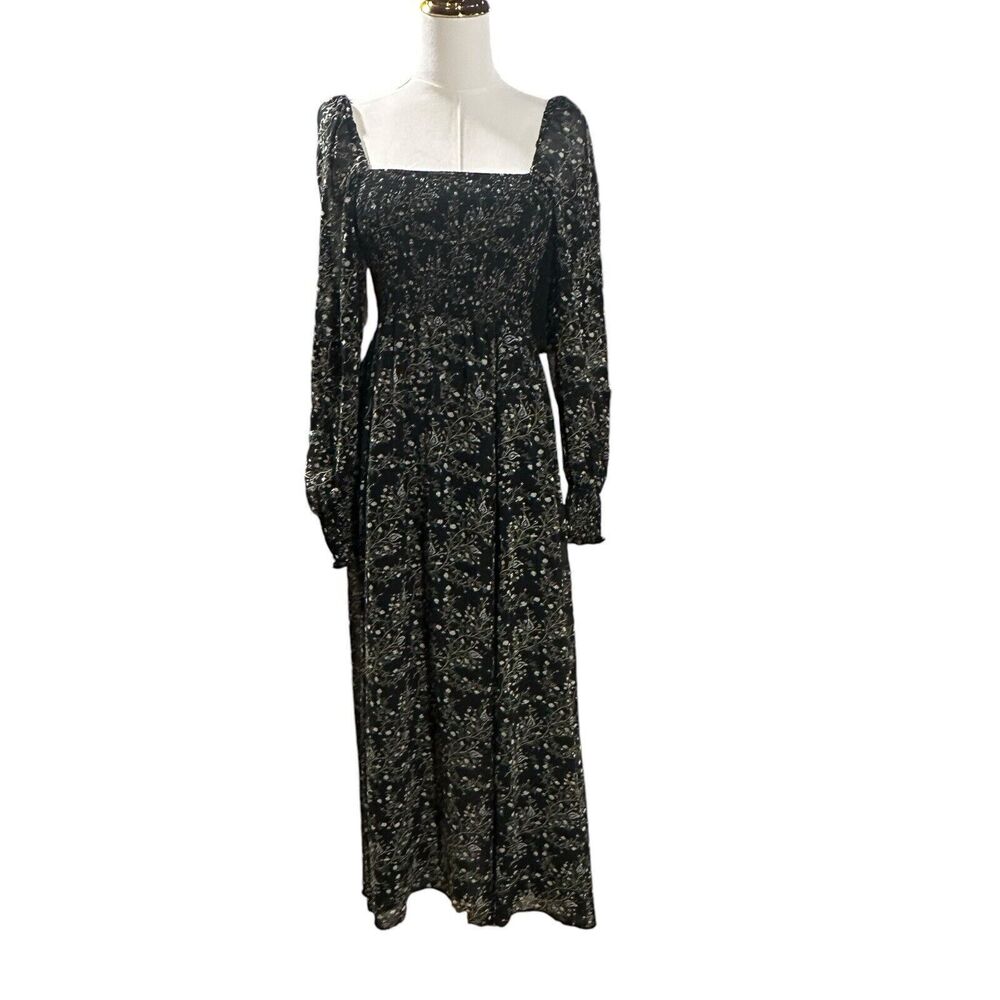 O.P.T. Black Floral Smocked Maxi Dress Whimsigoth Fairy Cottagecore Med Womens